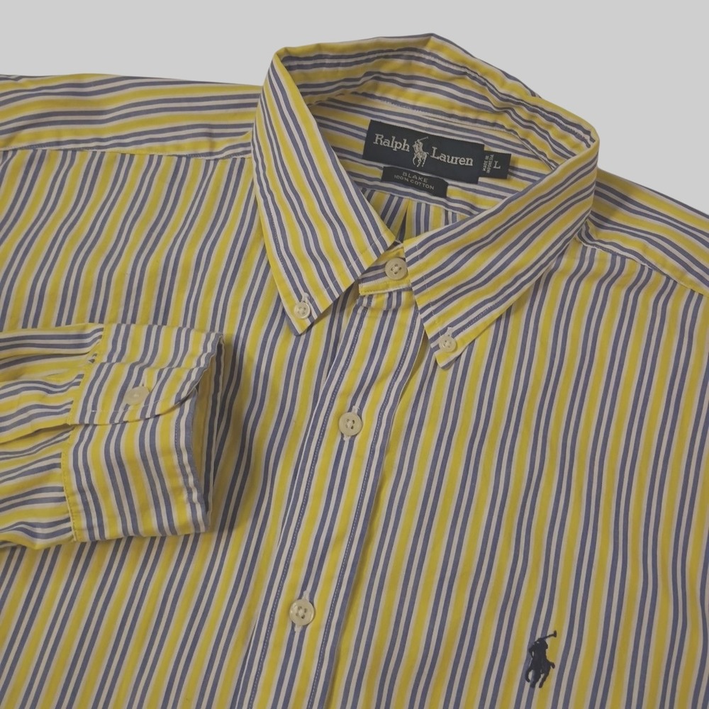 Ralph‎ Lauren Button Down Shirt Mens Large Yellow Blue Striped Blake Cotton Pony